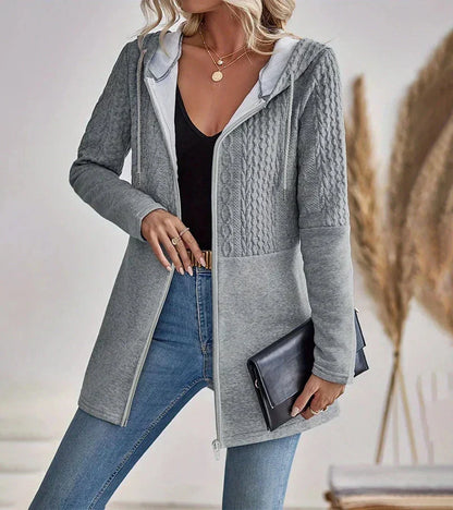 Women's longline cable-knit full-zip hoodie with long sleeves – Grey