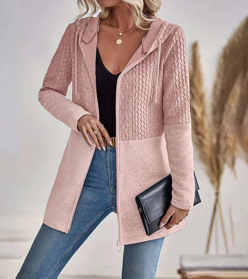 Women's longline cable-knit full-zip hoodie with long sleeves – Pink