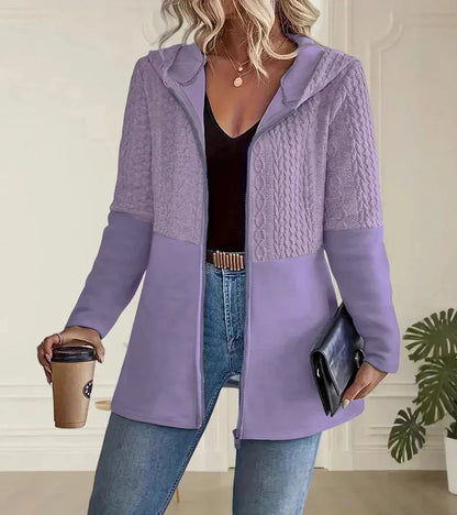 Women's longline cable-knit full-zip hoodie with long sleeves – Purple