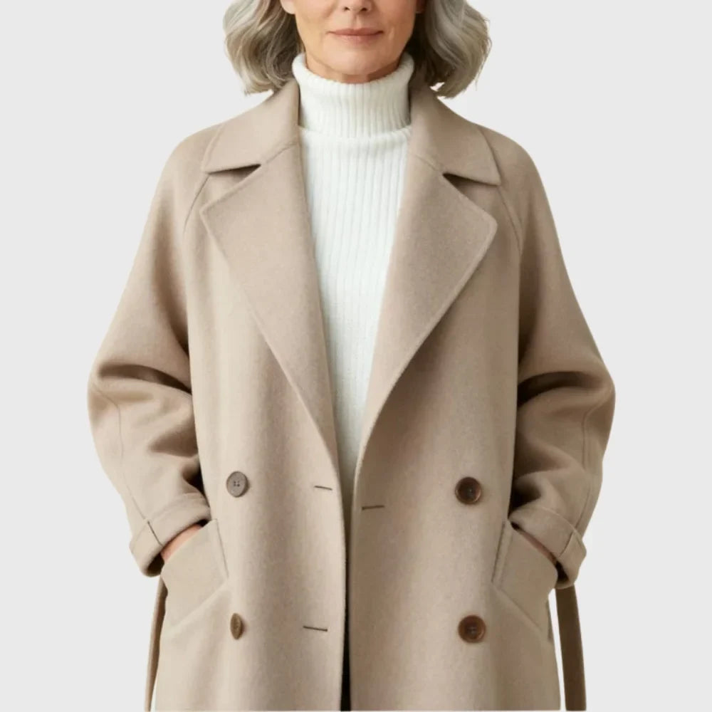 Women's longline double-breasted wool coat with self-tie belt