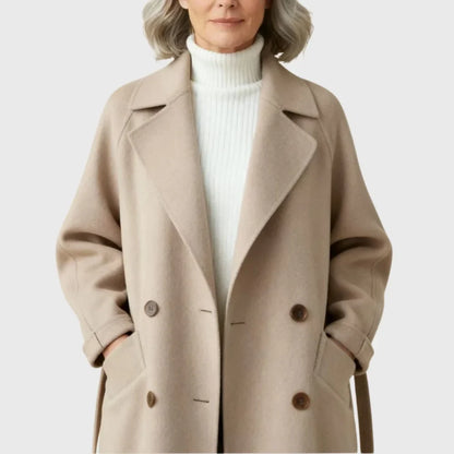 Women's longline double-breasted wool coat with self-tie belt