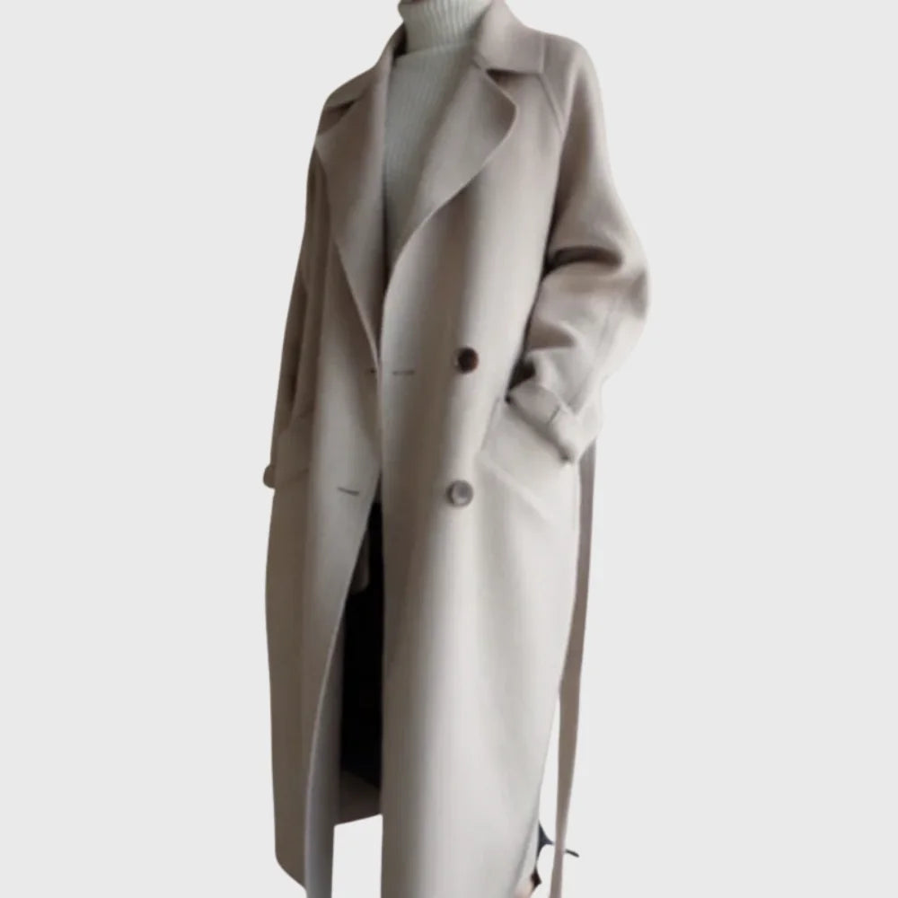 Women's longline double-breasted wool coat with self-tie belt – Beige