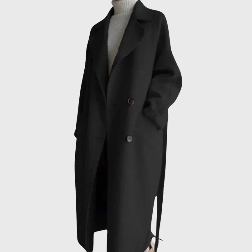 Women's longline double-breasted wool coat with self-tie belt – Black