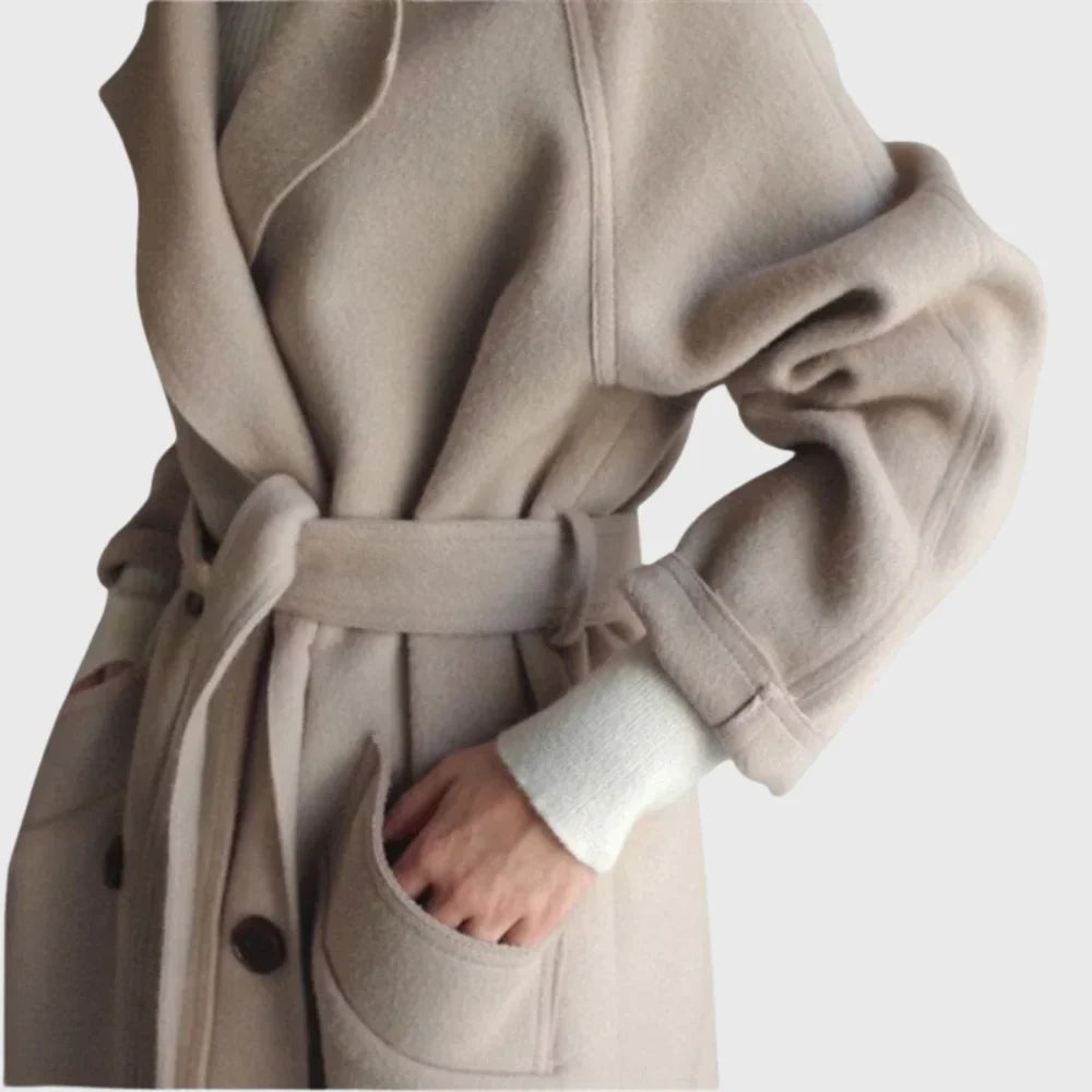 Women's longline double-breasted wool coat with self-tie belt
