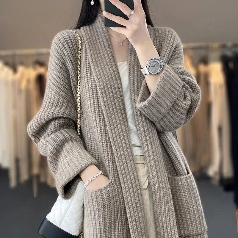 Women's longline rib-knit relaxed fit cardigan sweater with open front and patch pockets