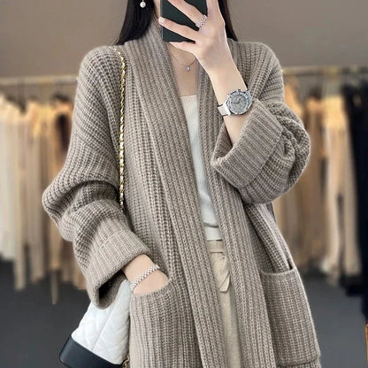 Women's longline rib-knit relaxed fit cardigan sweater with open front and patch pockets