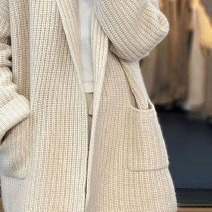 Women's longline rib-knit relaxed fit cardigan sweater with open front and patch pockets