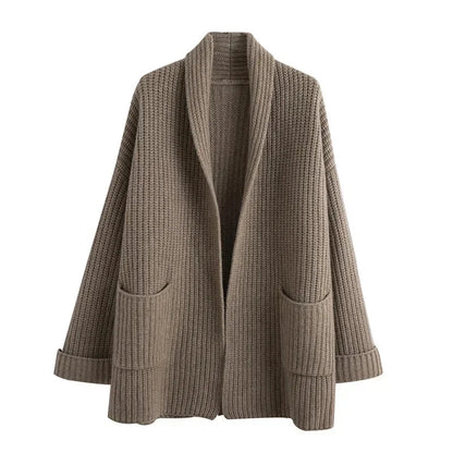 Women's longline rib-knit relaxed fit cardigan sweater with open front and patch pockets