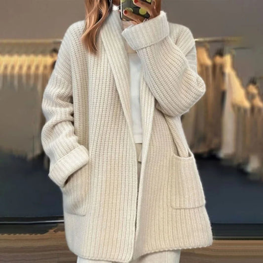 Women's longline rib-knit relaxed fit cardigan sweater with open front and patch pockets – Beige