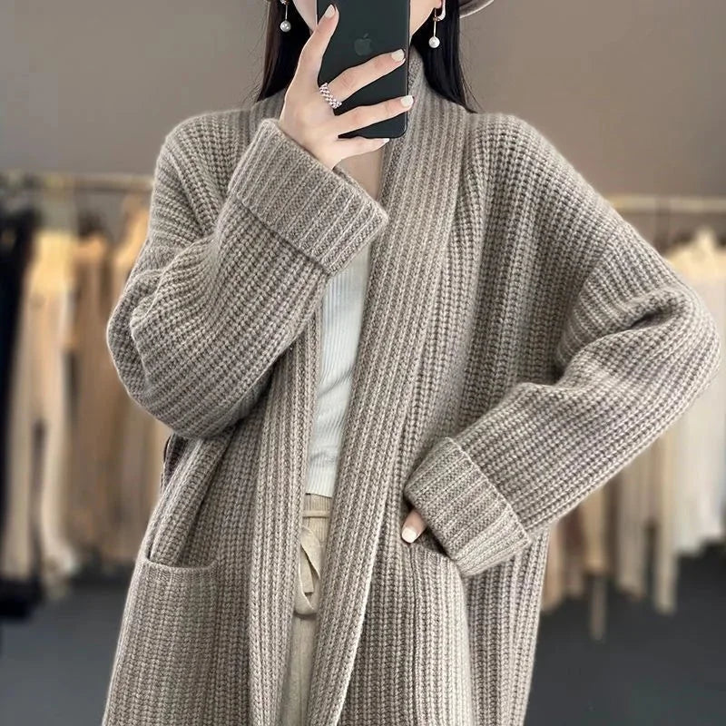 Women's longline rib-knit relaxed fit cardigan sweater with open front and patch pockets – Khaki