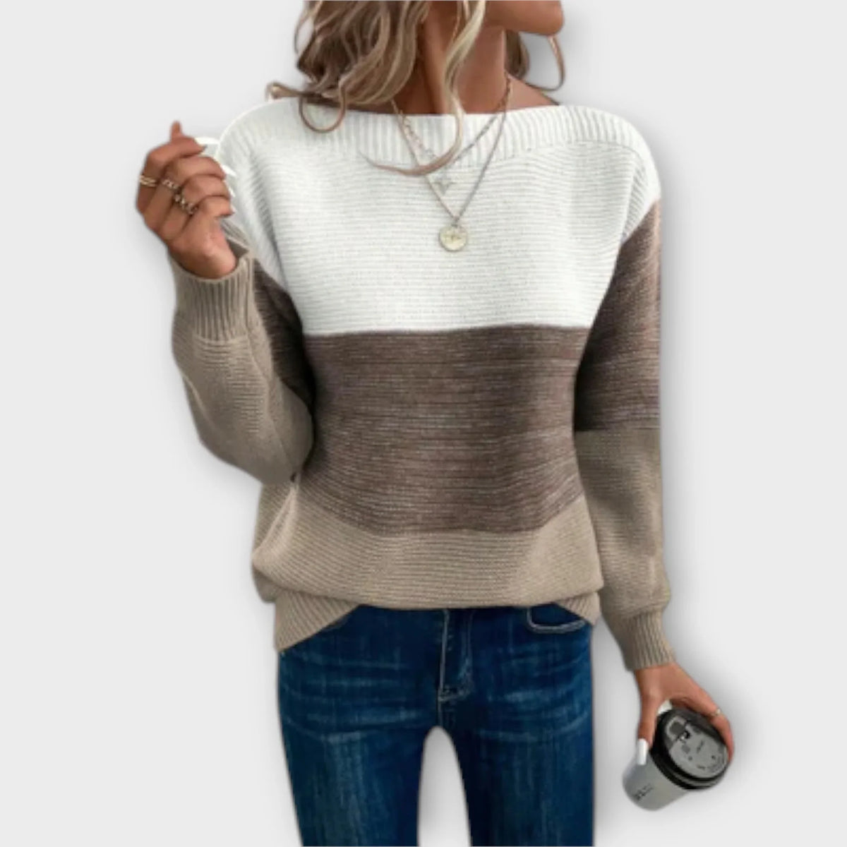 Women's loose-fit color-block knit sweater with boat-neck and long sleeves – Brown