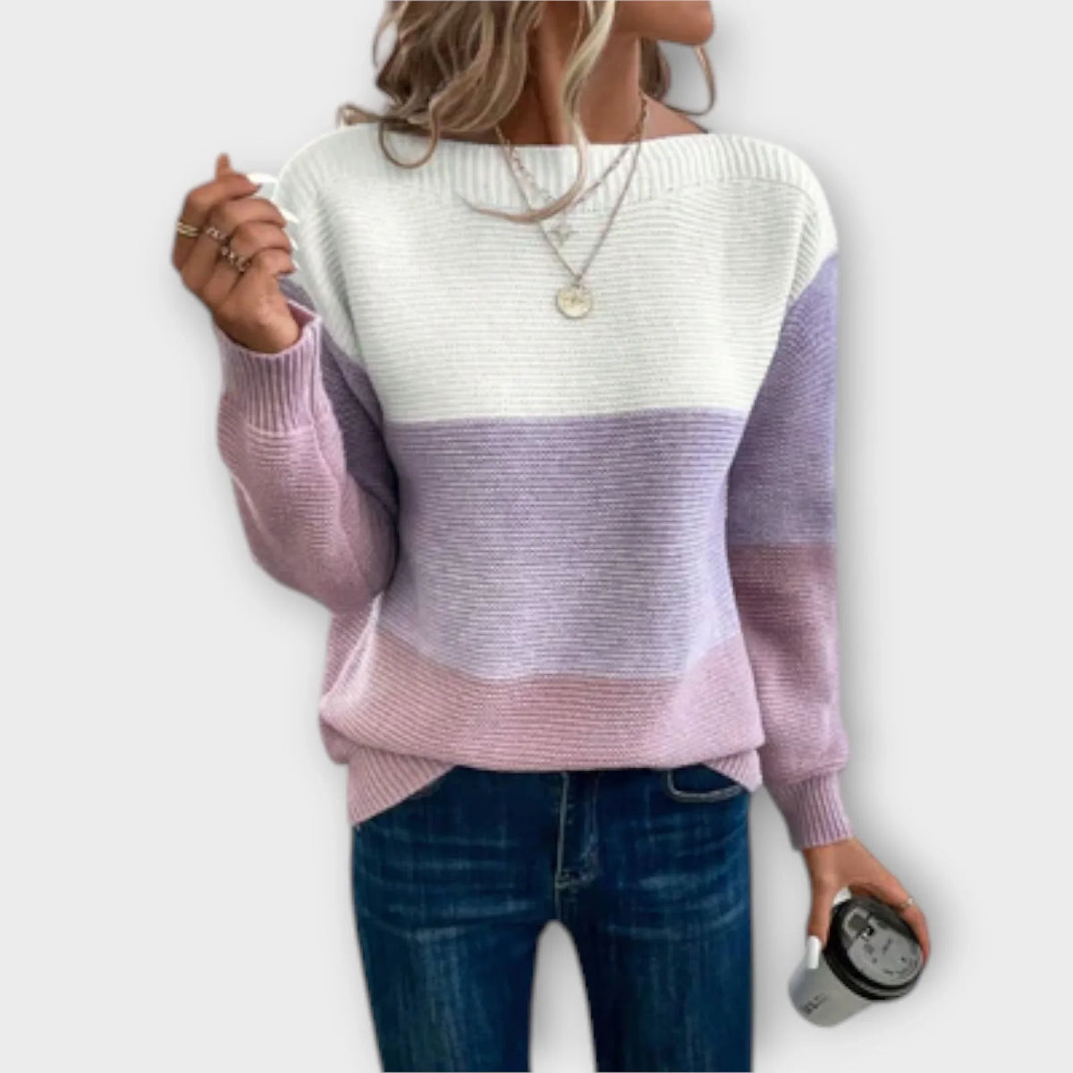 Women's loose-fit color-block knit sweater with boat-neck and long sleeves – Purple