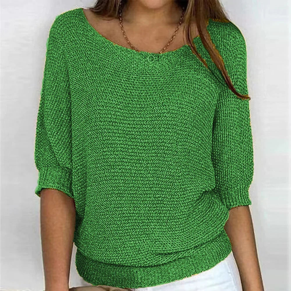 Women's loose-fit knit sweater with boat neck and 3/4 dolman sleeves