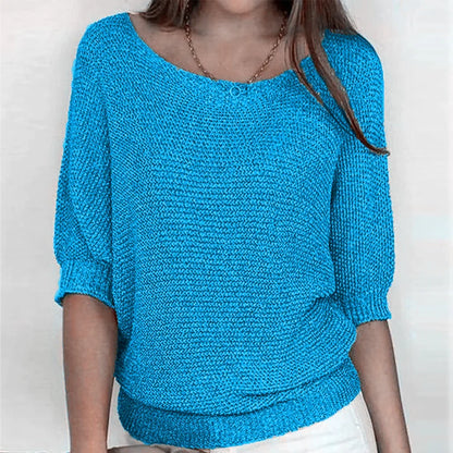 Women's loose-fit knit sweater with boat neck and 3/4 dolman sleeves