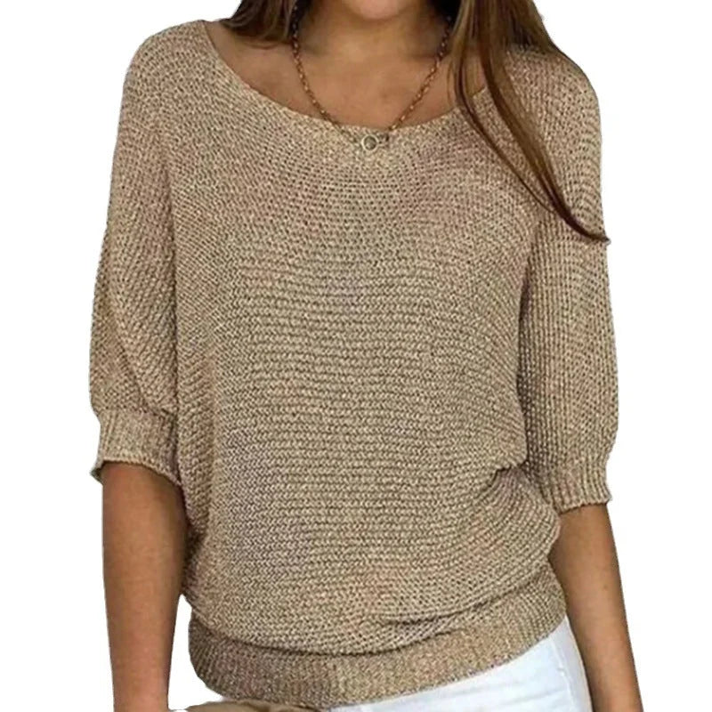 Women's loose-fit knit sweater with boat neck and 3/4 dolman sleeves – Beige