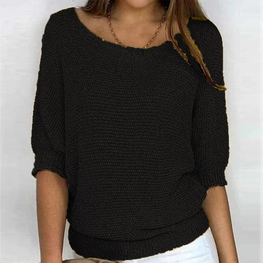 Women's loose-fit knit sweater with boat neck and 3/4 dolman sleeves – Black