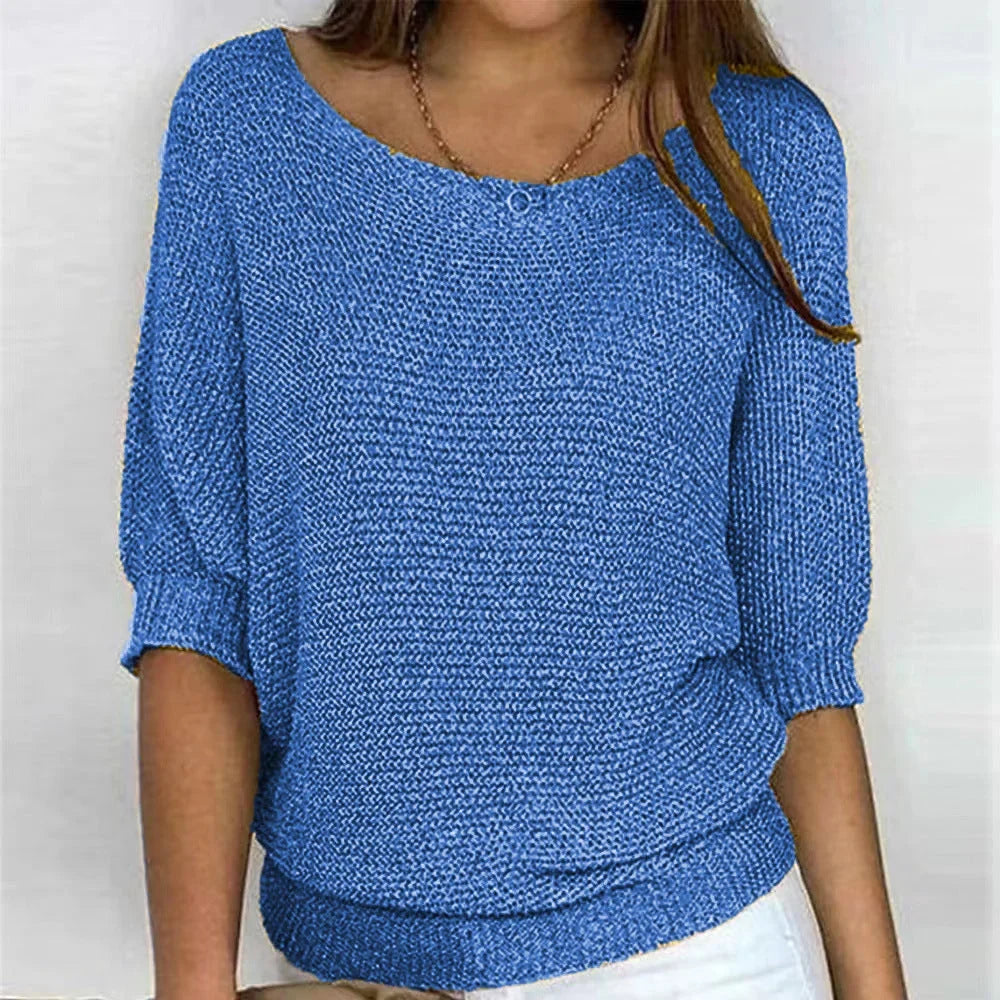 Women's loose-fit knit sweater with boat neck and 3/4 dolman sleeves – Blue