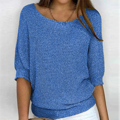 Women's loose-fit knit sweater with boat neck and 3/4 dolman sleeves – Blue