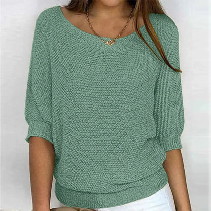 Women's loose-fit knit sweater with boat neck and 3/4 dolman sleeves – Green