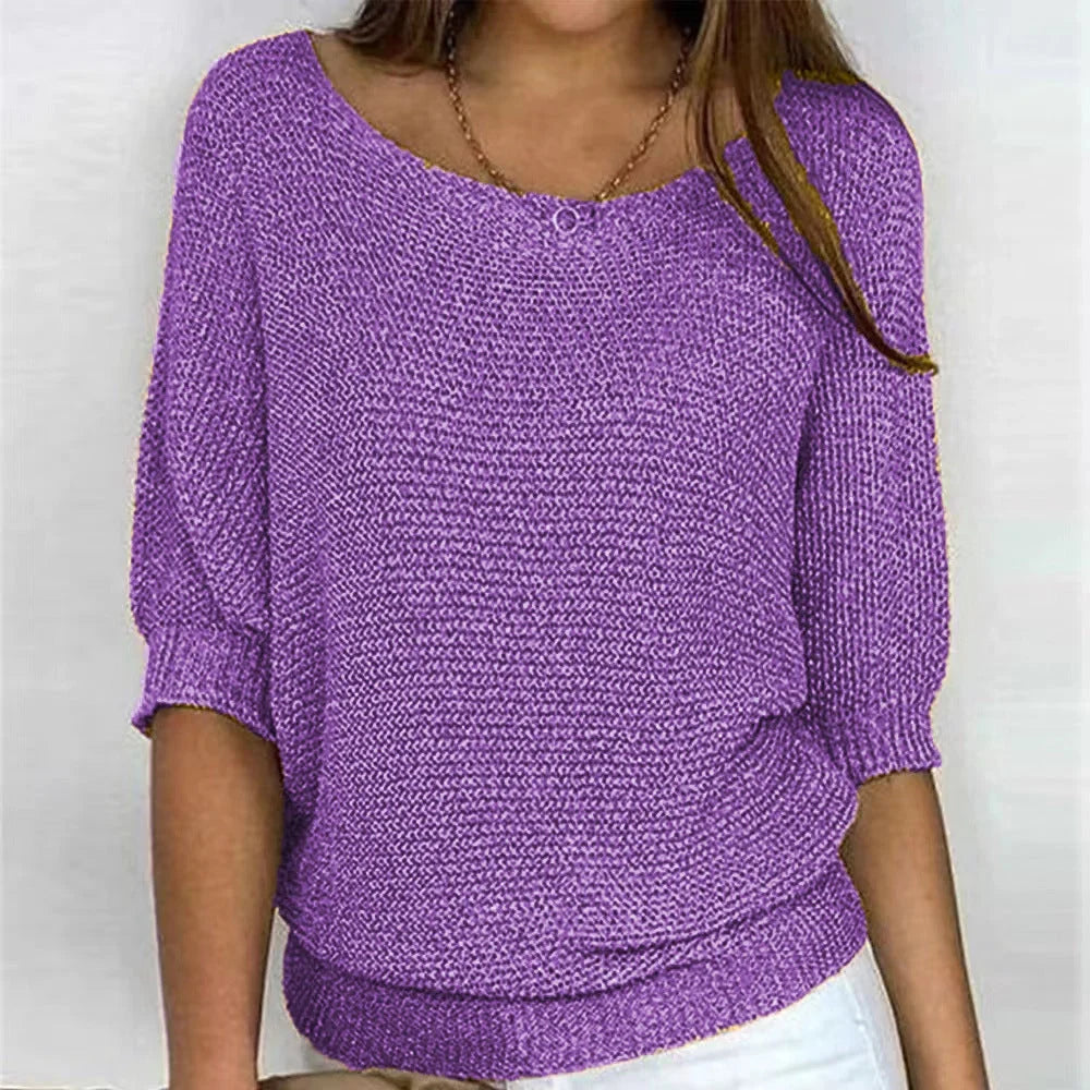 Women's loose-fit knit sweater with boat neck and 3/4 dolman sleeves – Purple