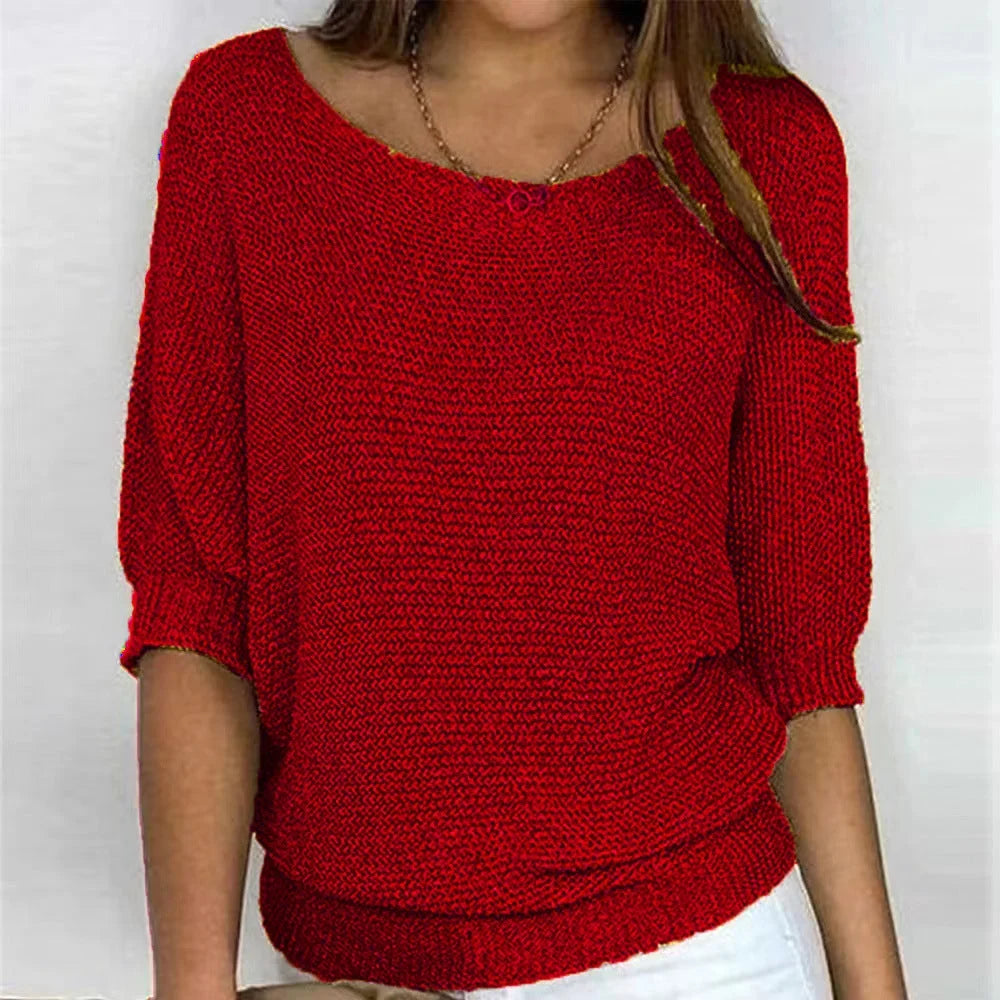 Women's loose-fit knit sweater with boat neck and 3/4 dolman sleeves – Red