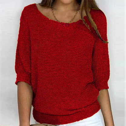 Women's loose-fit knit sweater with boat neck and 3/4 dolman sleeves – Red