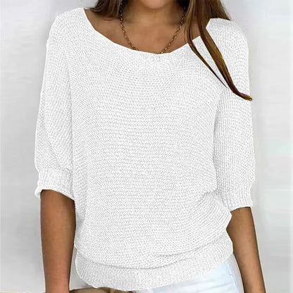 Women's loose-fit knit sweater with boat neck and 3/4 dolman sleeves – White