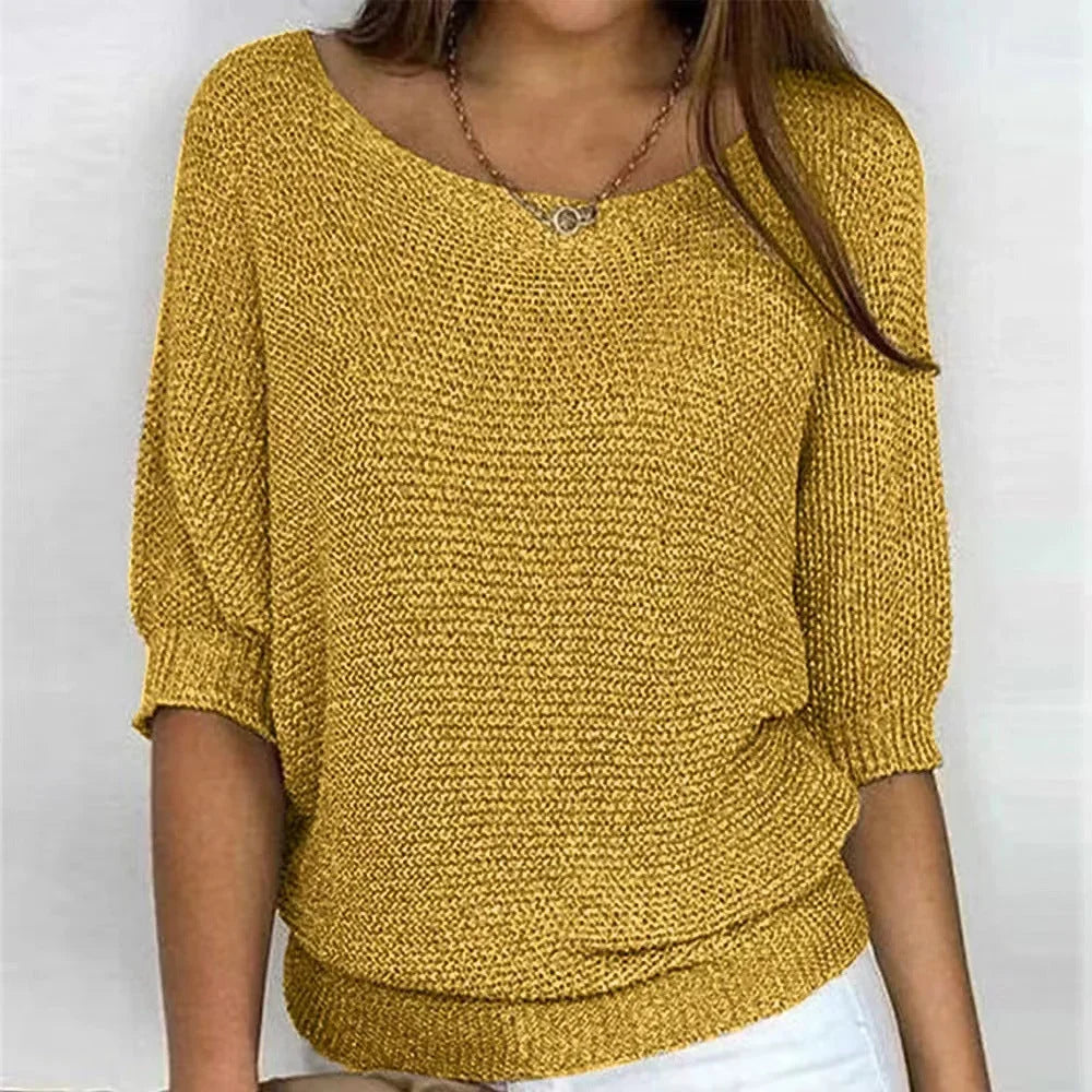 Women's loose-fit knit sweater with boat neck and 3/4 dolman sleeves – Yellow