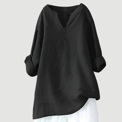Women's loose-fit linen long-sleeve blouse with V-neck and rolled sleeves – Black