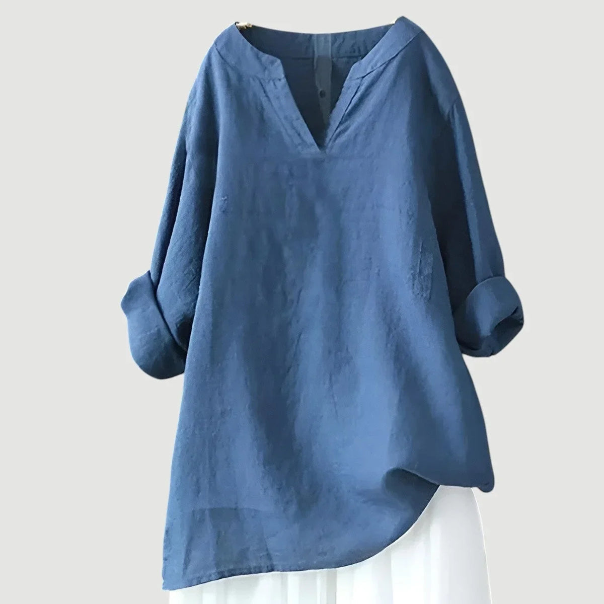 Women's loose-fit linen long-sleeve blouse with V-neck and rolled sleeves – Blue (almost sold out)
