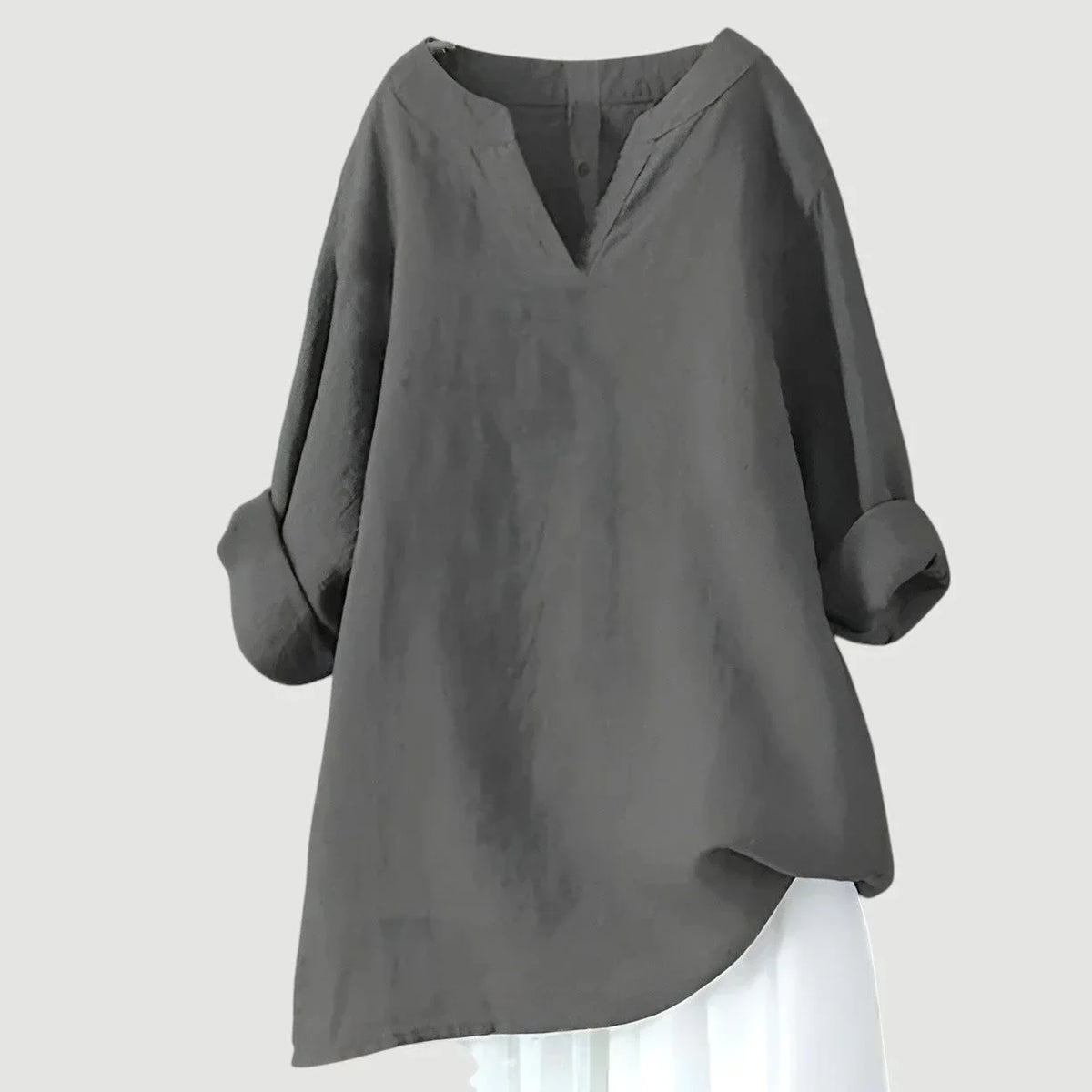 Women's loose-fit linen long-sleeve blouse with V-neck and rolled sleeves – Grey