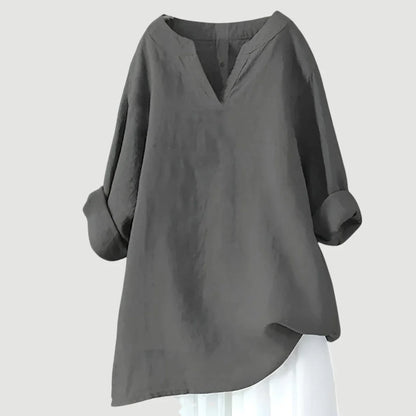Women's loose-fit linen long-sleeve blouse with V-neck and rolled sleeves – Grey