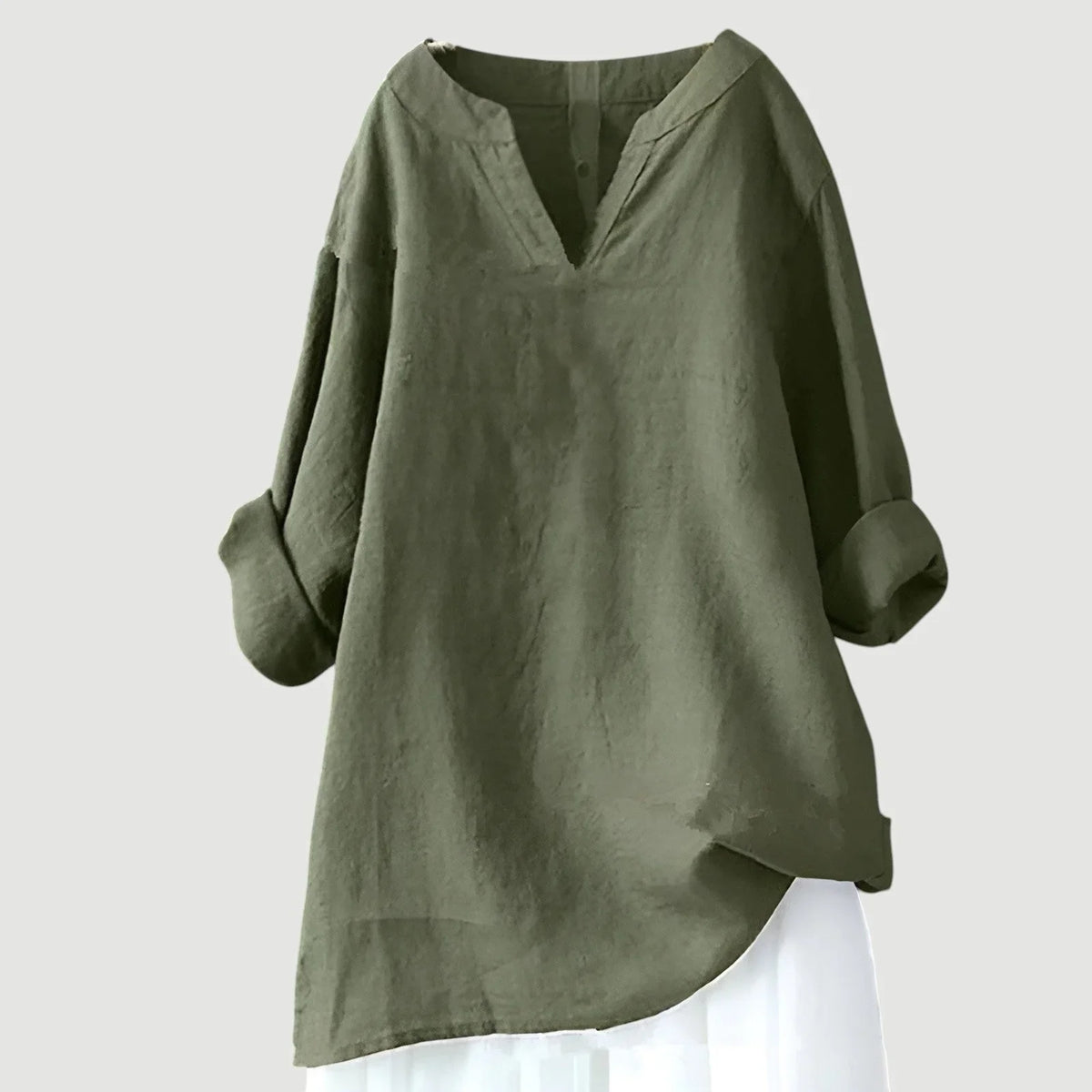 Women's loose-fit linen long-sleeve blouse with V-neck and rolled sleeves – Green (almost sold out)