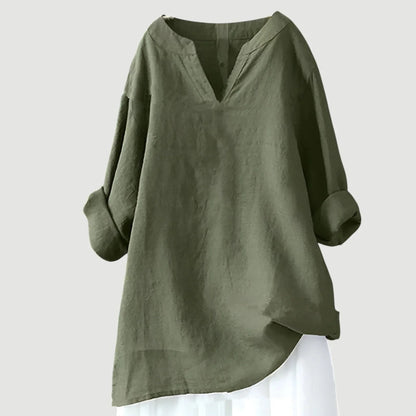 Women's loose-fit linen long-sleeve blouse with V-neck and rolled sleeves – Green (almost sold out)