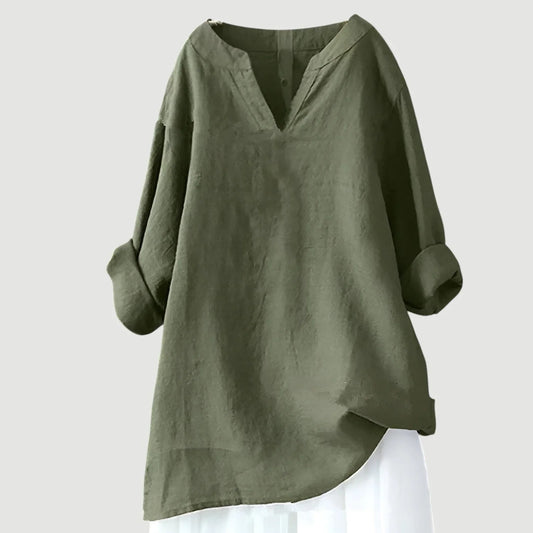 Women's loose-fit linen long-sleeve blouse with V-neck and rolled sleeves – Green (almost sold out)