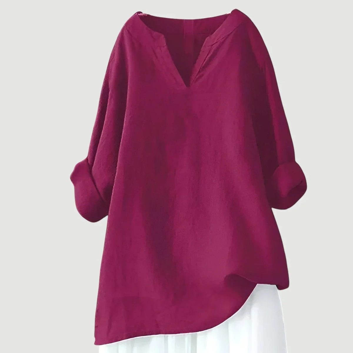 Women's loose-fit linen long-sleeve blouse with V-neck and rolled sleeves – Purple