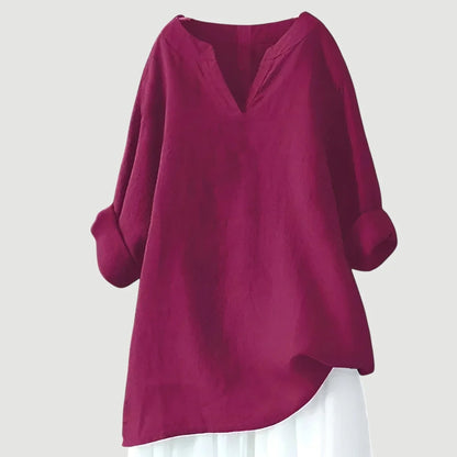 Women's loose-fit linen long-sleeve blouse with V-neck and rolled sleeves – Purple