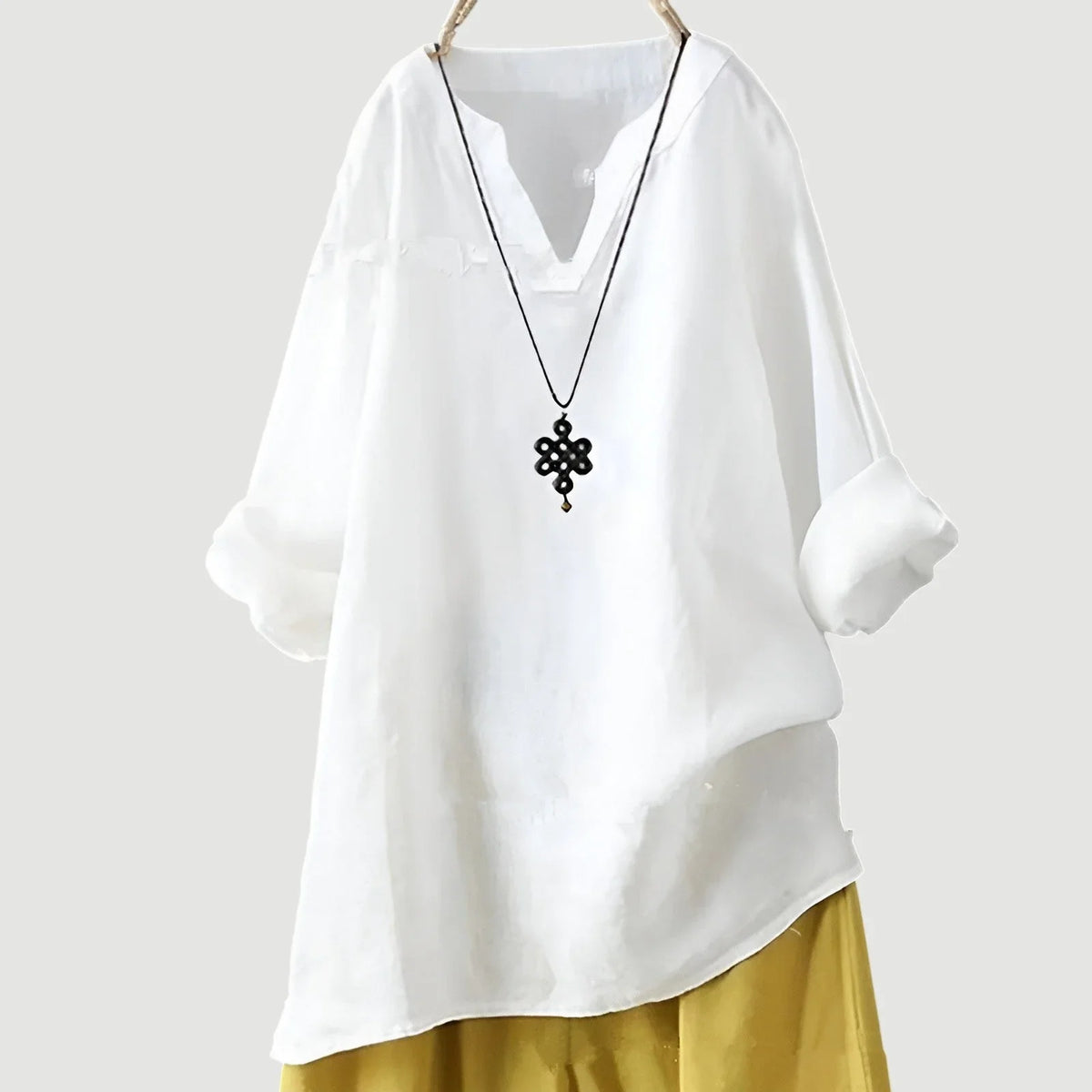 Women's loose-fit linen long-sleeve blouse with V-neck and rolled sleeves – White
