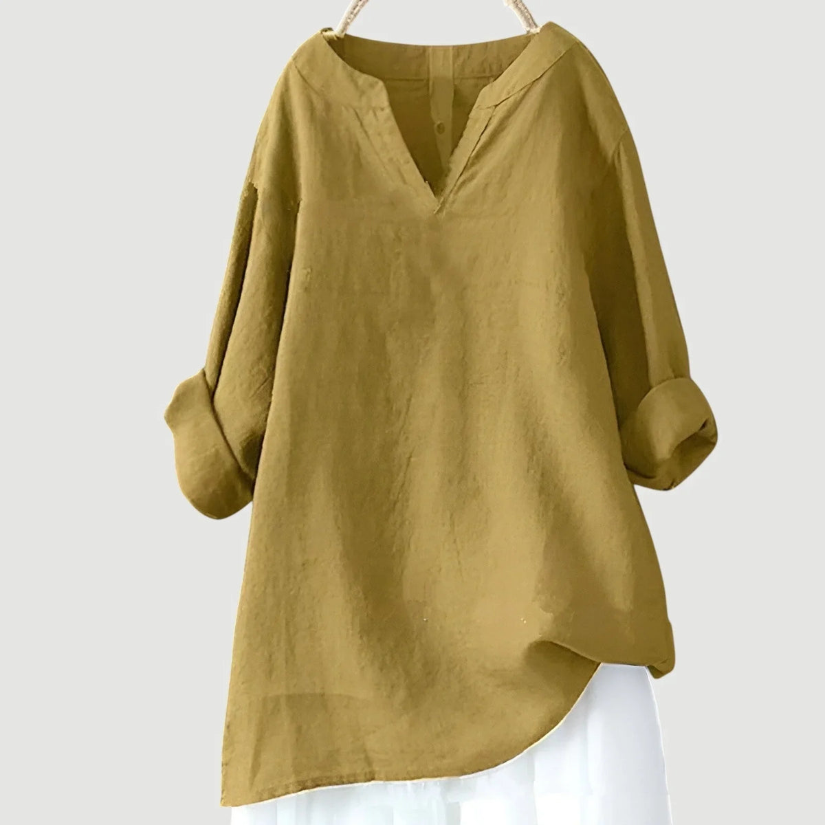 Women's loose-fit linen long-sleeve blouse with V-neck and rolled sleeves – Yellow