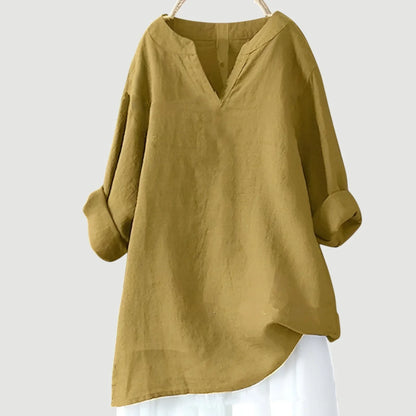 Women's loose-fit linen long-sleeve blouse with V-neck and rolled sleeves – Yellow