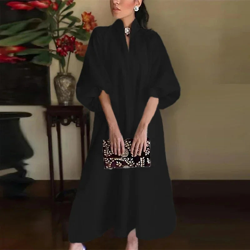 Women's loose maxi dress with high-neck V-cut and balloon sleeves – Black