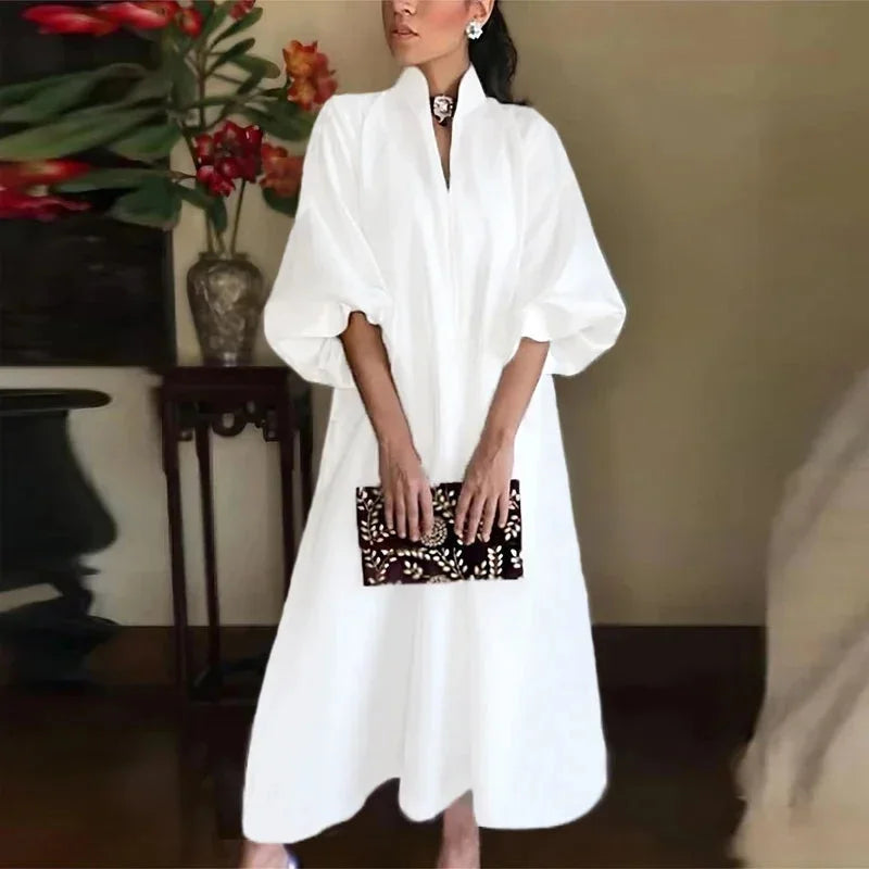 Women's loose maxi dress with high-neck V-cut and balloon sleeves – White