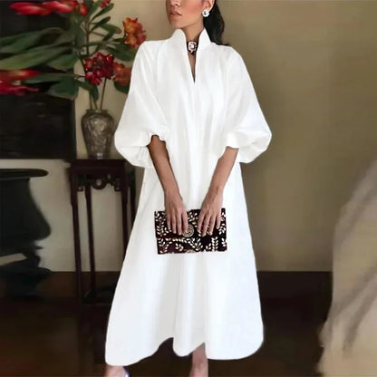 Women's loose maxi dress with high-neck V-cut and balloon sleeves – White