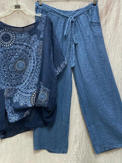 Women's mandala print top and womens wide leg pants set with drawstring waist – Blue