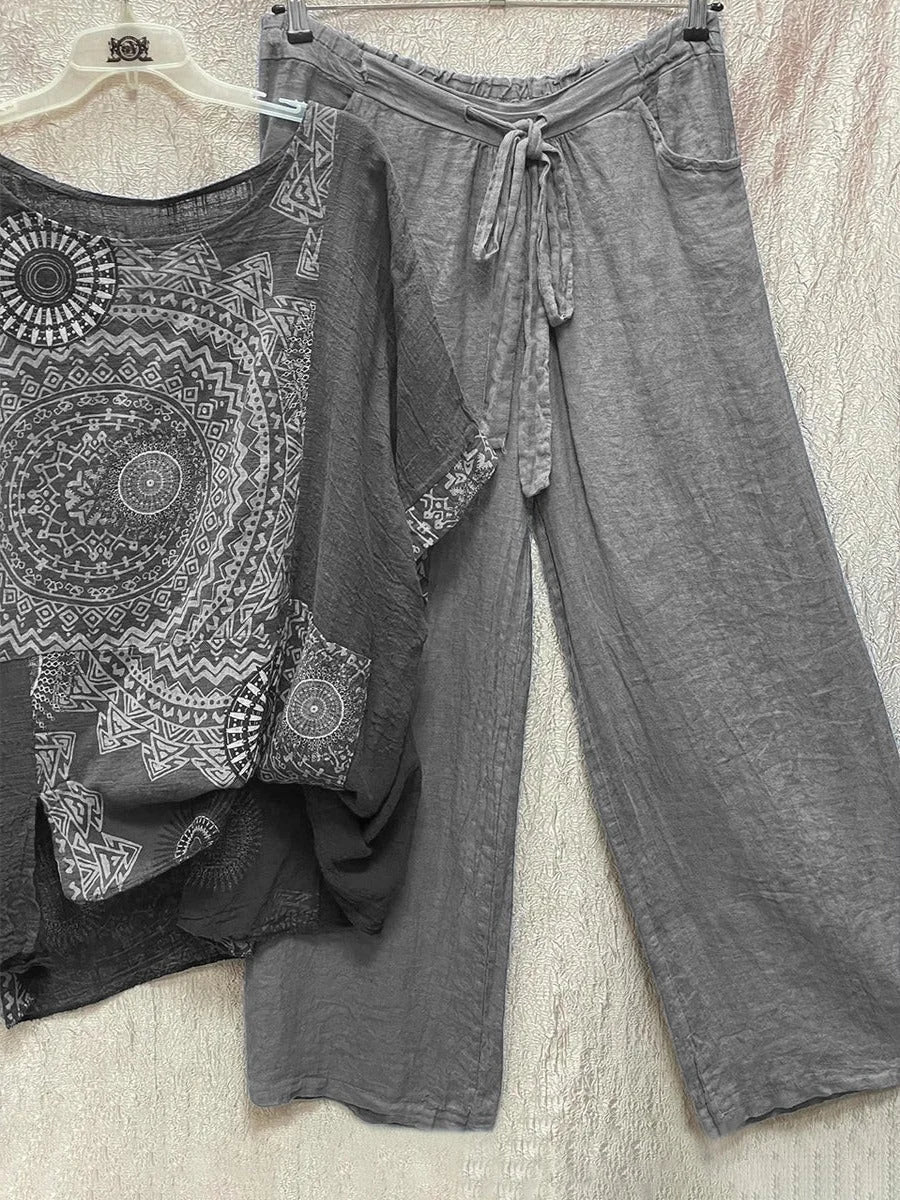 Women's mandala print top and womens wide leg pants set with drawstring waist – Grey