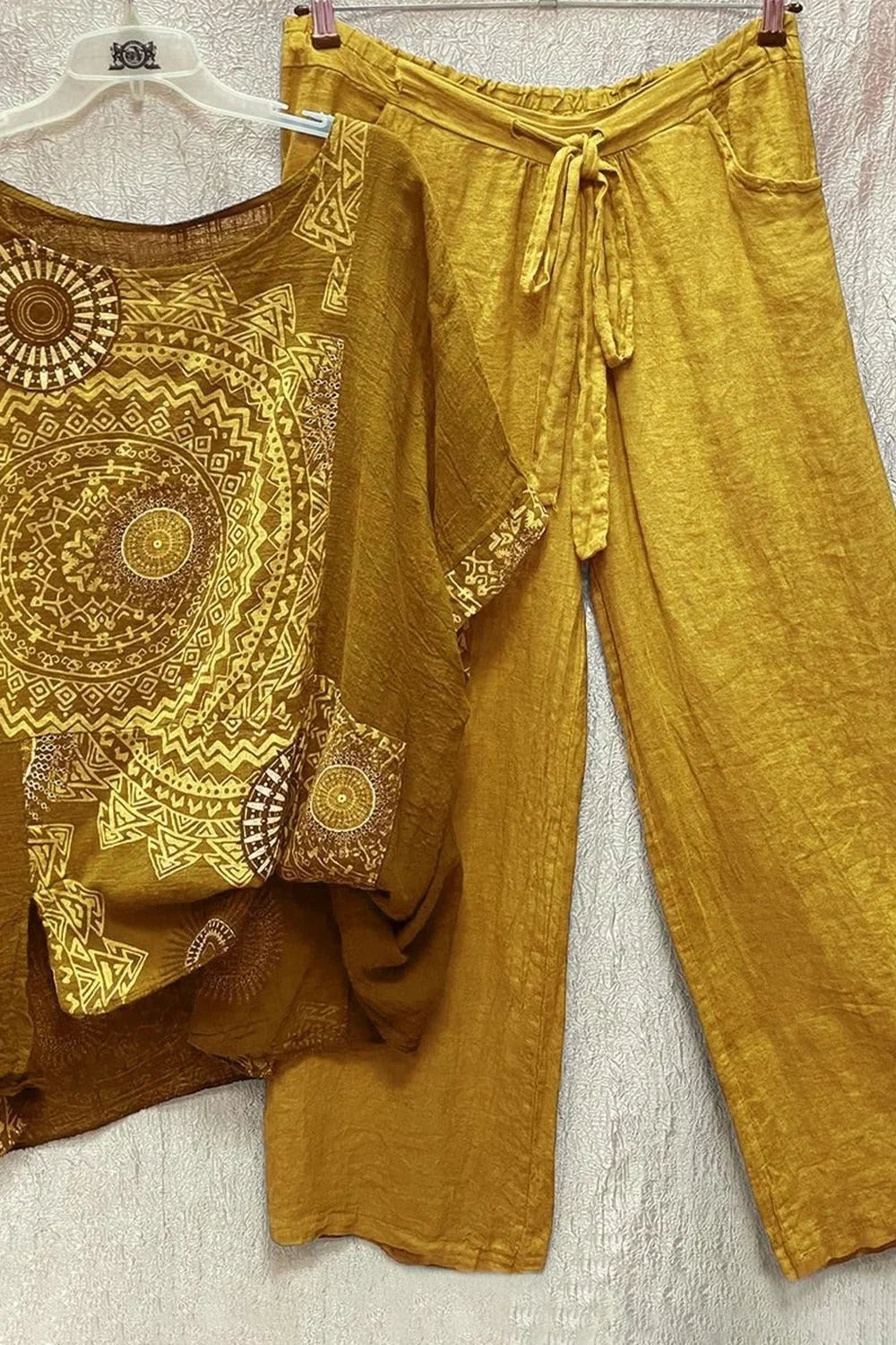 Women's mandala print top and womens wide leg pants set with drawstring waist – Yellow