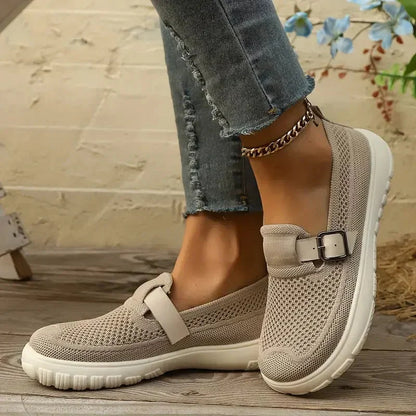 Women's mesh knit comfort Mary Jane shoes with adjustable buckle strap – Beige
