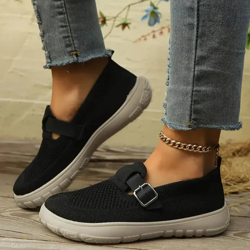 Women's mesh knit comfort Mary Jane shoes with adjustable buckle strap – Black