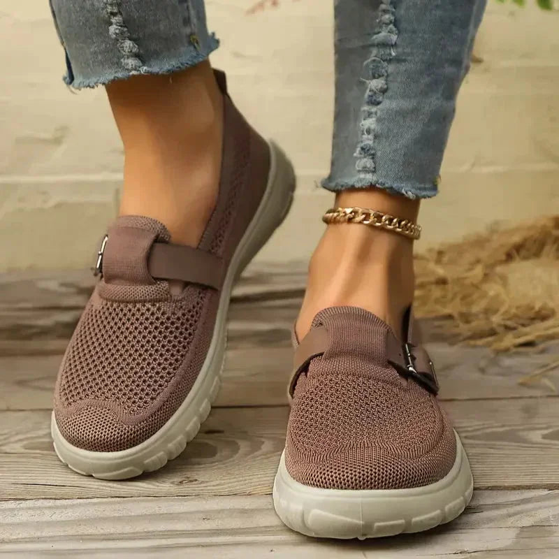 Women's mesh knit comfort Mary Jane shoes with adjustable buckle strap – Brown