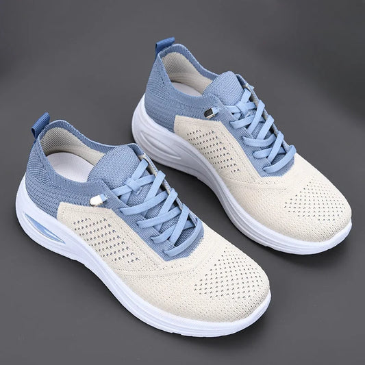 Women's mesh lace-up walking sneakers with air-cushion sole – Blue